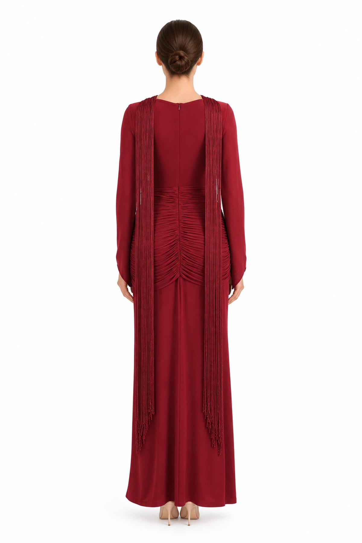 Marcella Fringe Ruched Maxi Dress • Burgundy