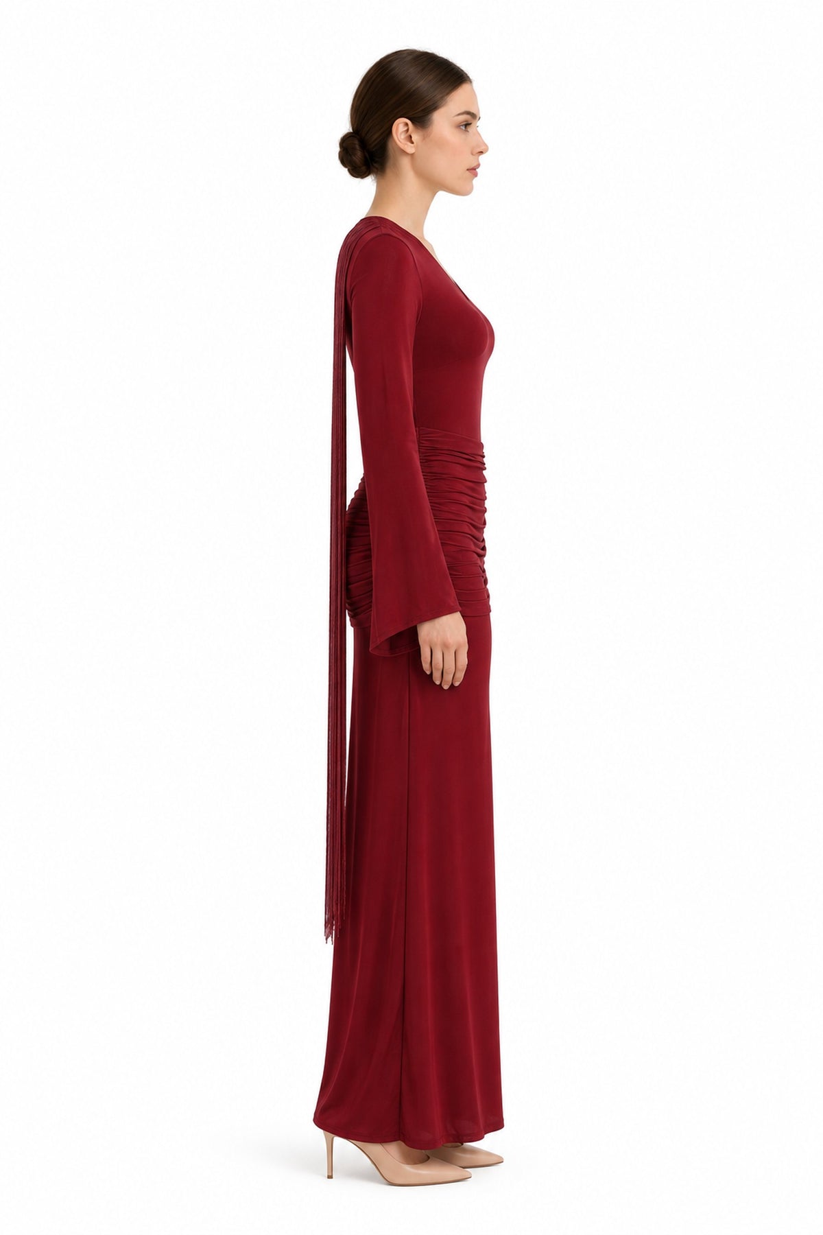 Marcella Fringe Ruched Maxi Dress • Burgundy