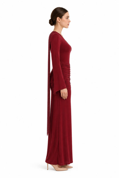 Marcella Fringe Ruched Maxi Dress • Burgundy