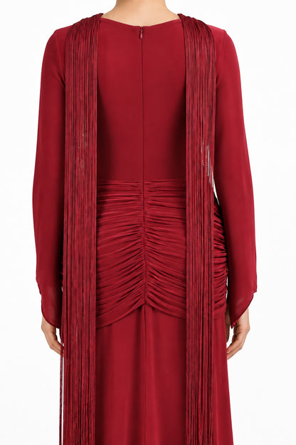 Marcella Fringe Ruched Maxi Dress • Burgundy