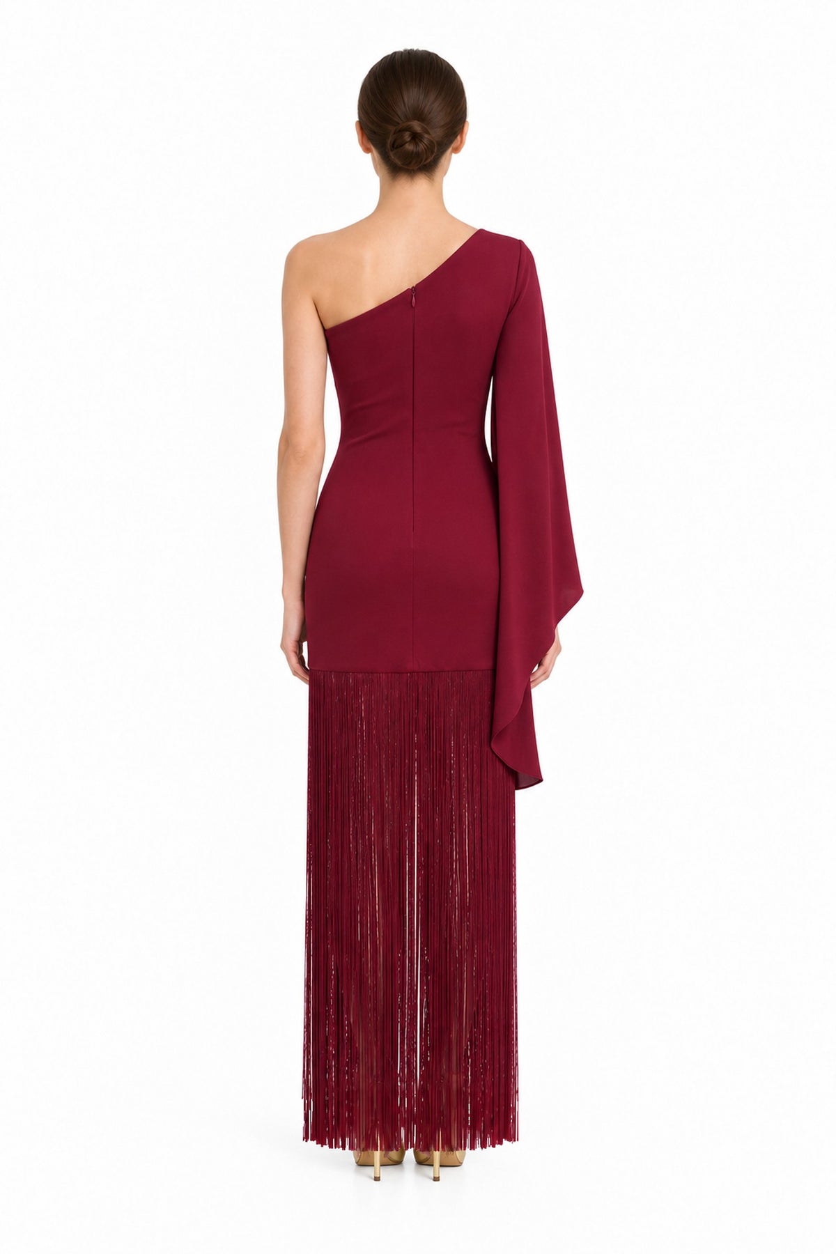 APERLAMIRI Seraphine burgundy one-shoulder cape-sleeve fringe maxi dress — back view