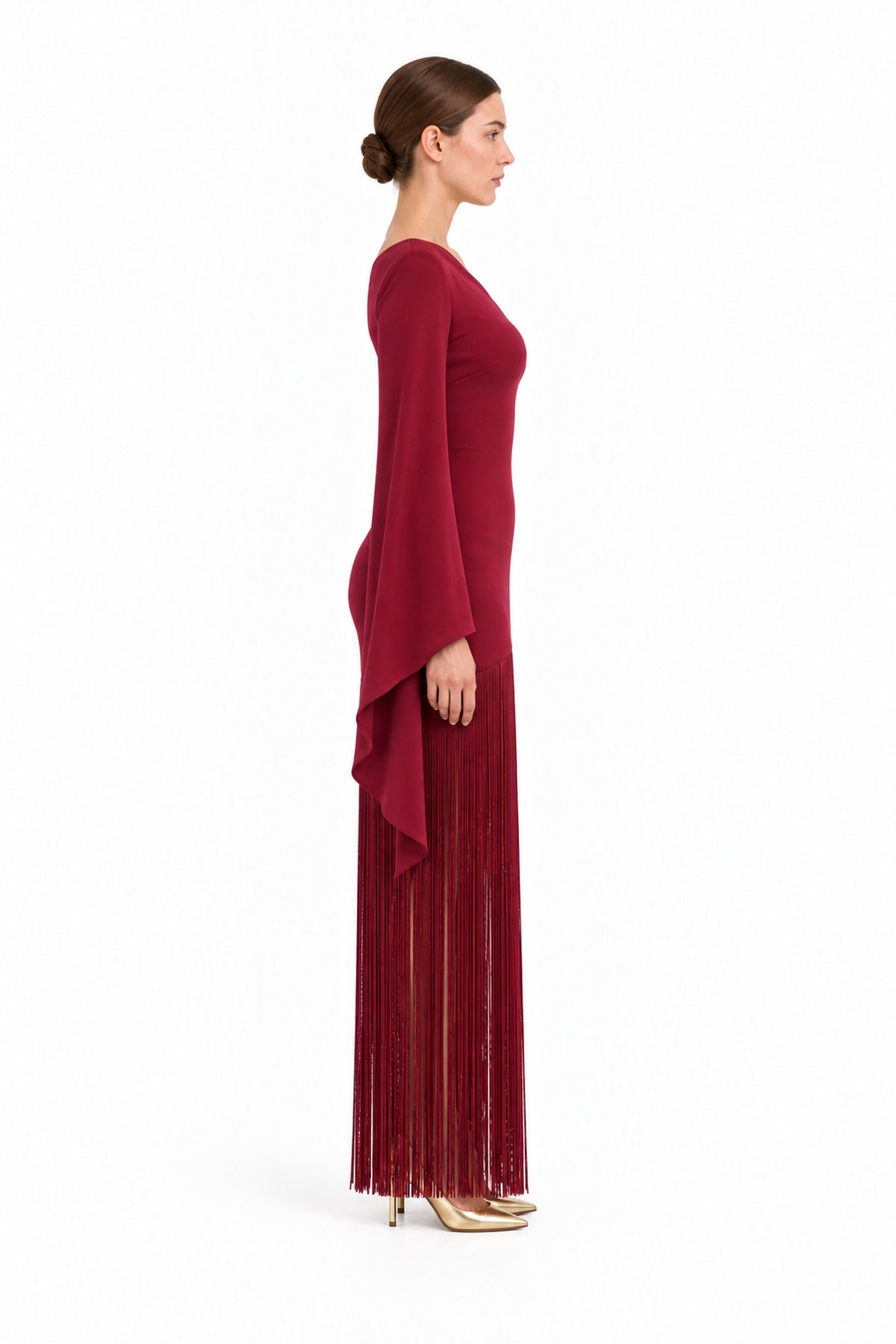 APERLAMIRI Seraphine burgundy one-shoulder cape-sleeve fringe maxi dress — side view