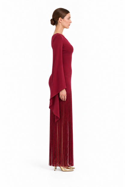 APERLAMIRI Seraphine burgundy one-shoulder cape-sleeve fringe maxi dress — side view