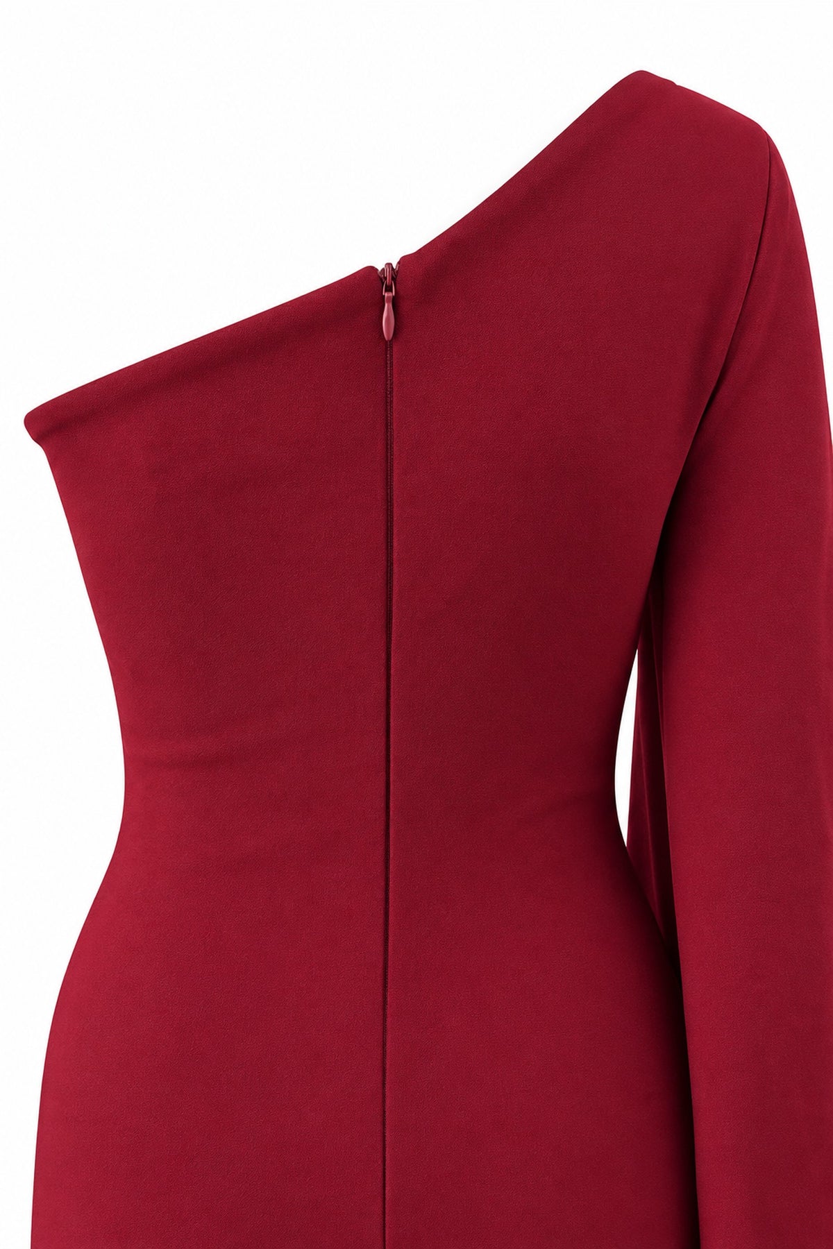 APERLAMIRI Seraphine burgundy one-shoulder cape-sleeve fringe maxi dress — concealed back zipper detail