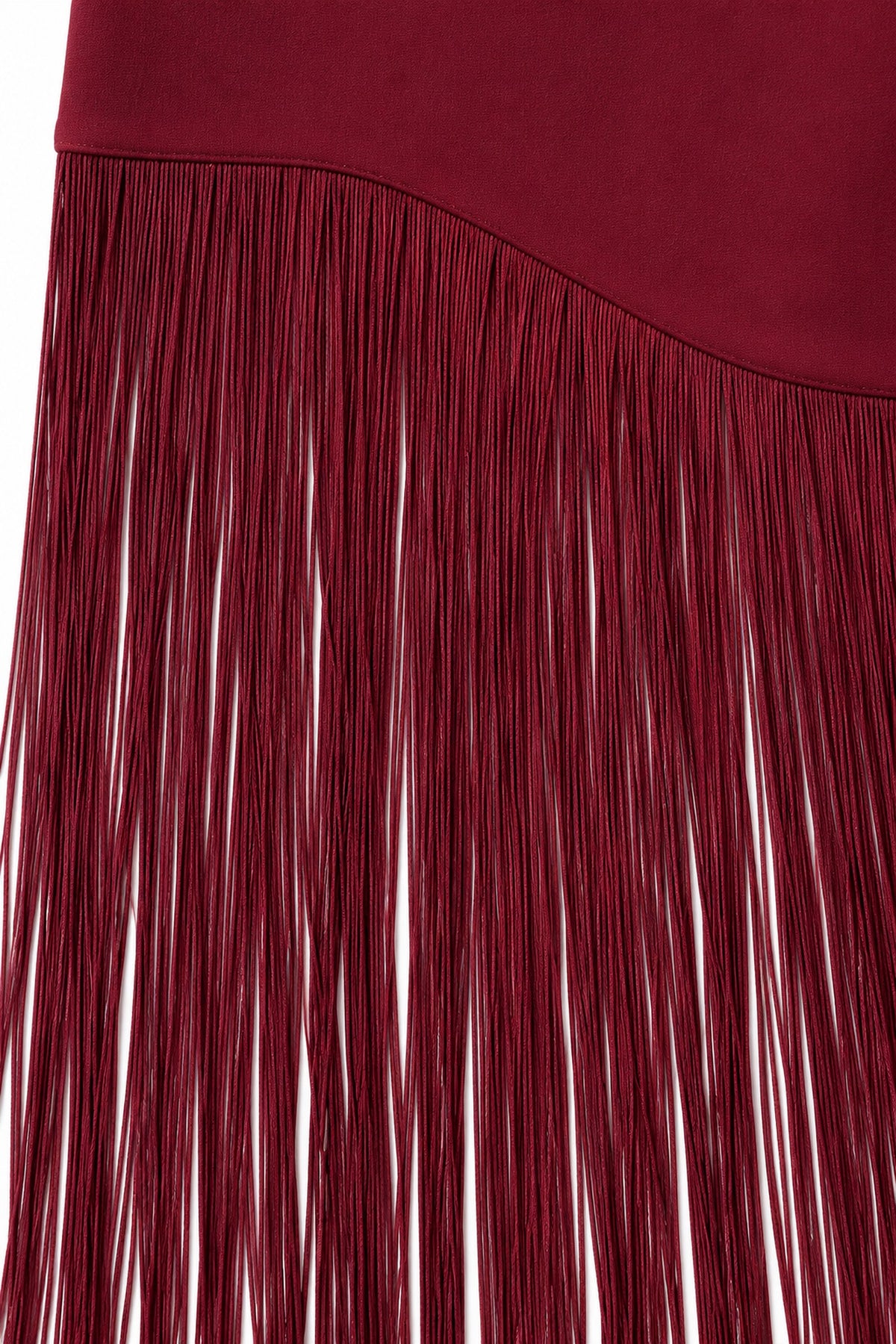 APERLAMIRI Seraphine burgundy one-shoulder cape-sleeve fringe maxi dress — long fringe detail