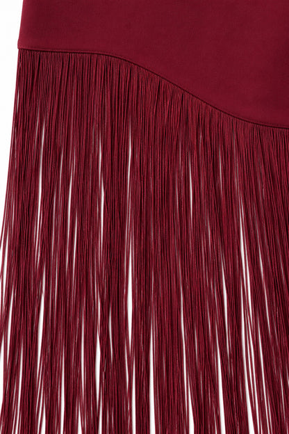 APERLAMIRI Seraphine burgundy one-shoulder cape-sleeve fringe maxi dress — long fringe detail