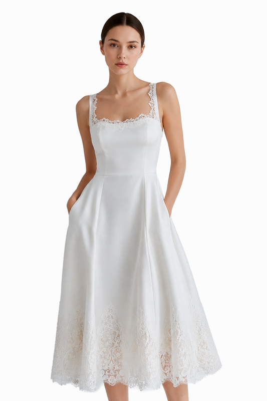 Odette Square Neck Satin Midi Dress •  Ivory