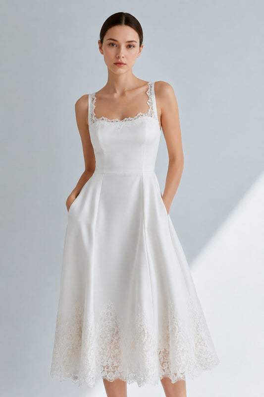 Odette Square Neck Satin Midi Dress – Ivory