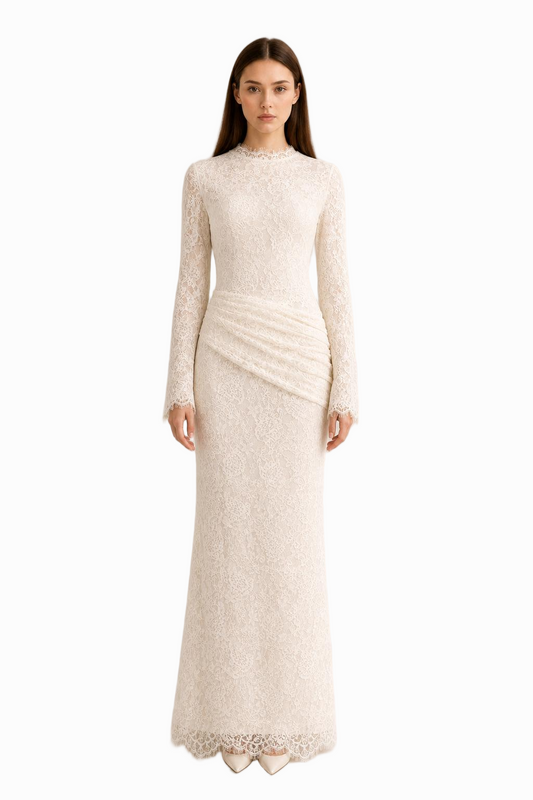 Lilia Asymmetric Drape Lace Maxi Dress • White