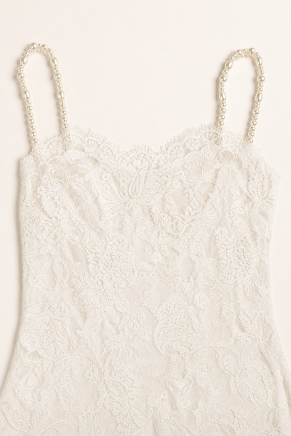 Seraphina Pearl Strap Floral Lace Mini Dress • White