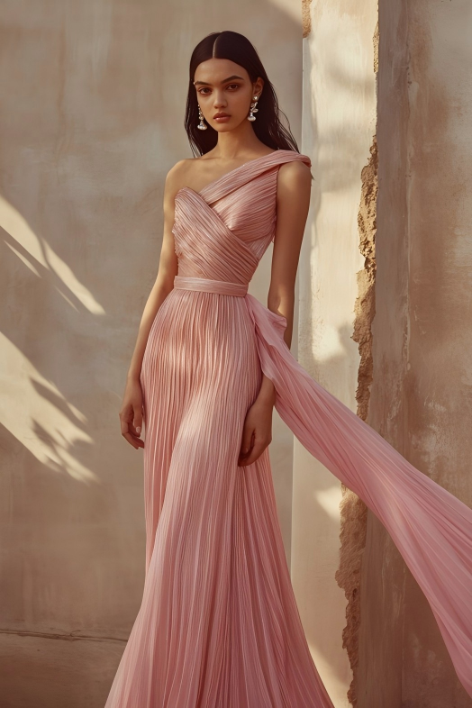 Lumina Pleated One Shoulder Sash Dress