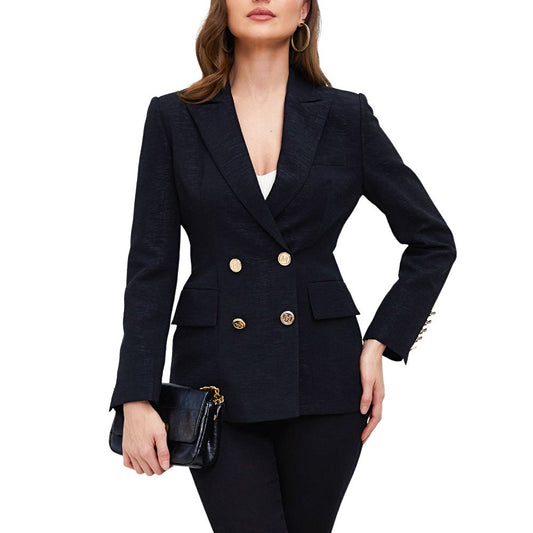 Aperlamiri Textured Black Classic Double Breasted Women Blazer Jacket