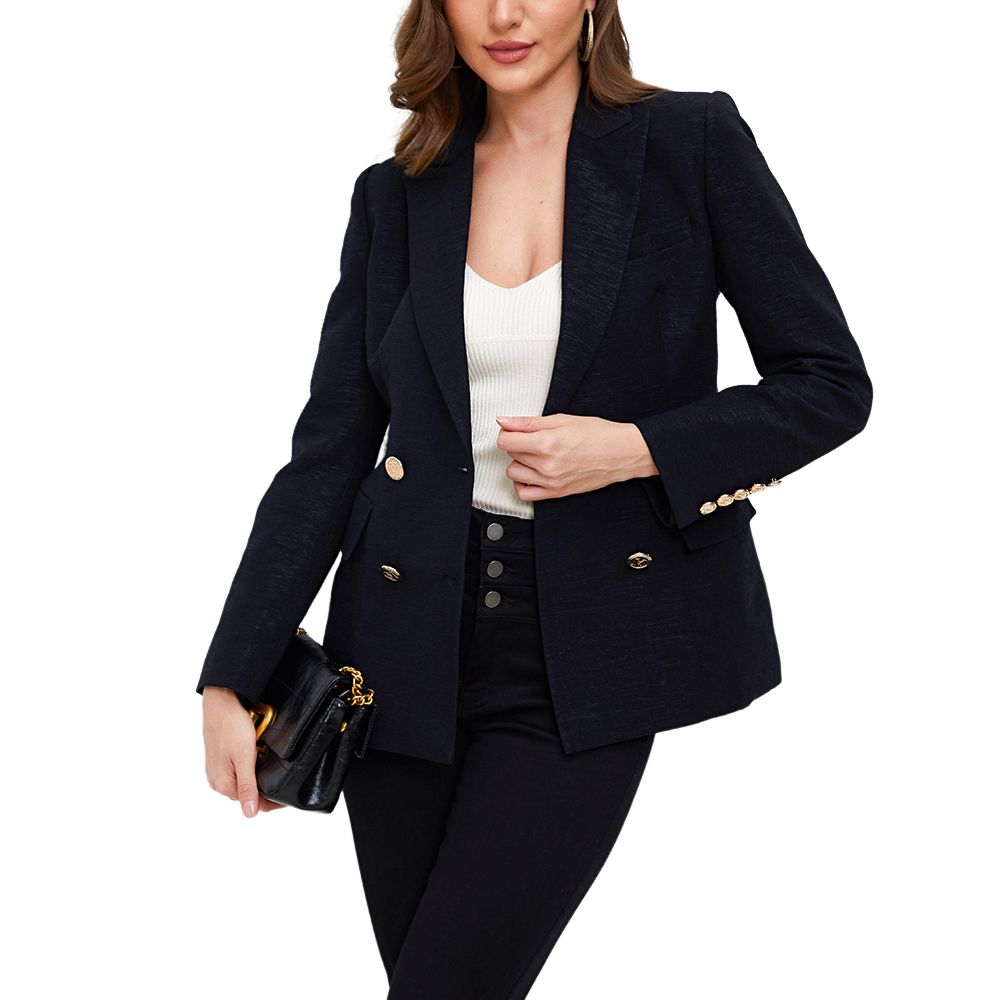 Aperlamiri Textured Black Classic Double Breasted Women Blazer Jacket