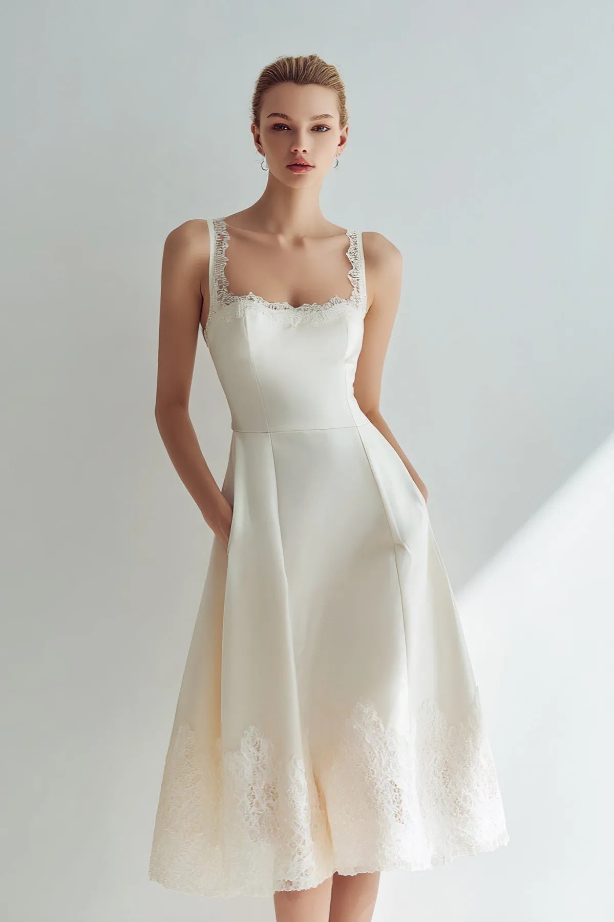 APERLAMIRI Odette Square Neck Midi Dress Ivory