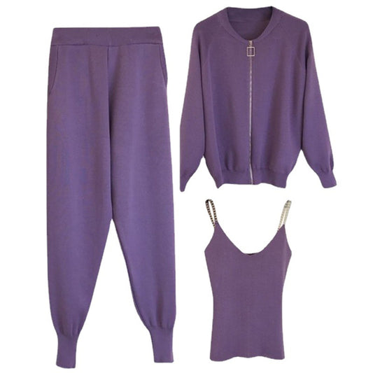 Zip Cardigan Knit 3 Piece Set