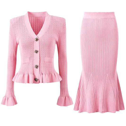 Long Sleeves Cardigan Skirt Two Piece Set