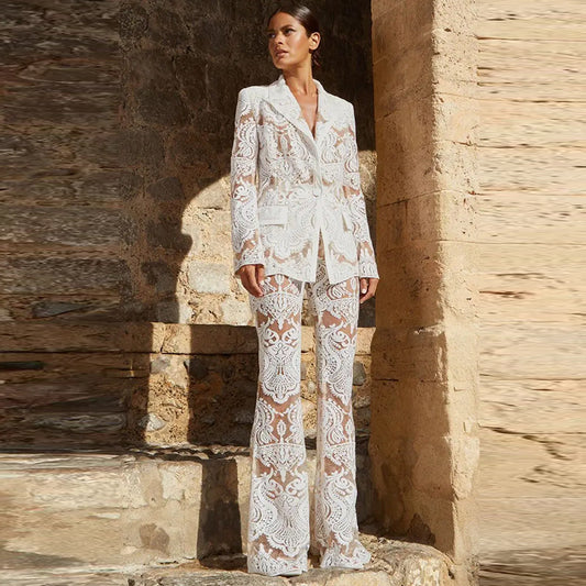 Embroidered Lace Blazer Jacket Pants Suit Set