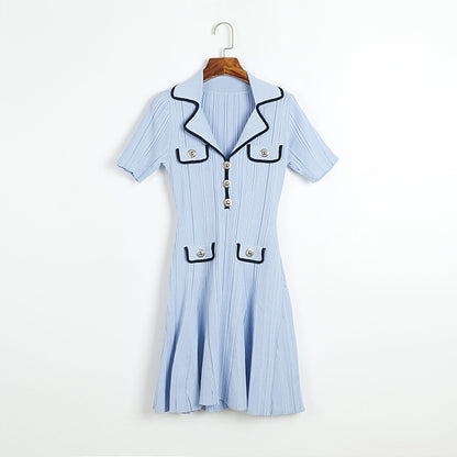Knit Contrast Lapel Mini Dress