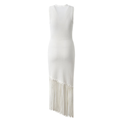 Round Neck Knit Tassle Trim Midi Dress