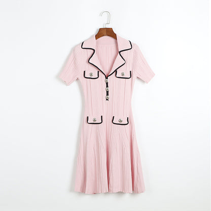 Knit Contrast Lapel Mini Dress
