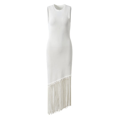 Round Neck Knit Tassle Trim Midi Dress