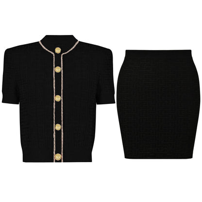 Round Neck Short Sleeves Knit Cardigan Skirt Set