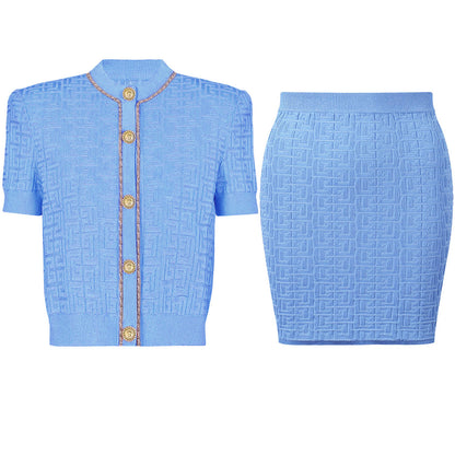 Round Neck Short Sleeves Knit Cardigan Skirt Set