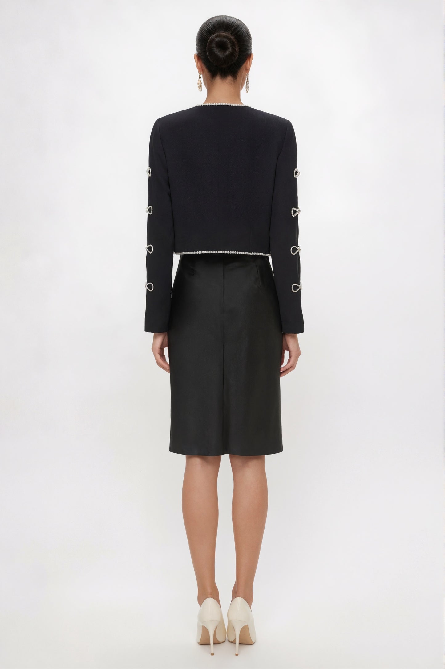 Eira Black Crop Jacket – crystal embellished neckline detail