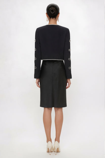 Eira Black Crop Jacket – crystal embellished neckline detail