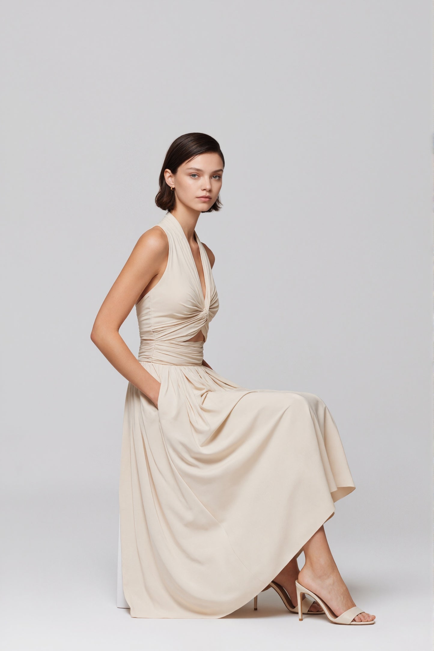 Delphine Twist Halter Midi Dress • Ivory