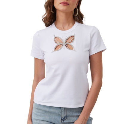 Aperlamiri Rhinestone Trimmed Butterfly-Shape Hollow-out Cotton T-shirt