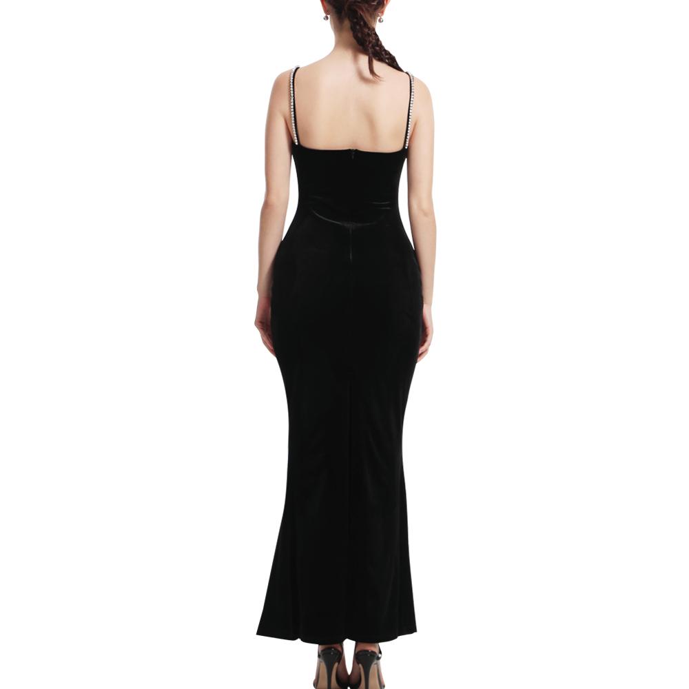 Aperlamiri Black Velvet Crystal Spaghetti Strap Thigh-High Slit Maxi Dress