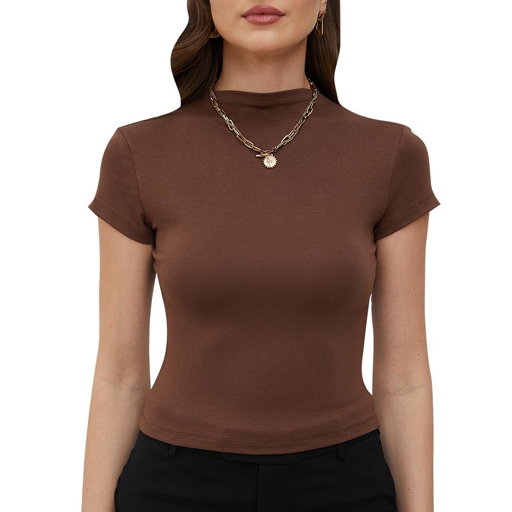 Aperlamiri Short Sleeve Modal T Shirt Mailard Brown Black Basic Crop Top