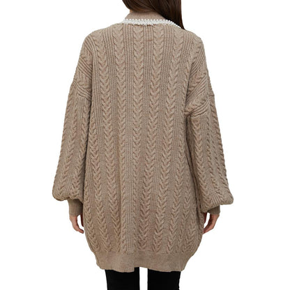 Aperlamiri Pearl Trimed Open Front Long Sleeve Light Weight Twisted Cable Knit Cardigan