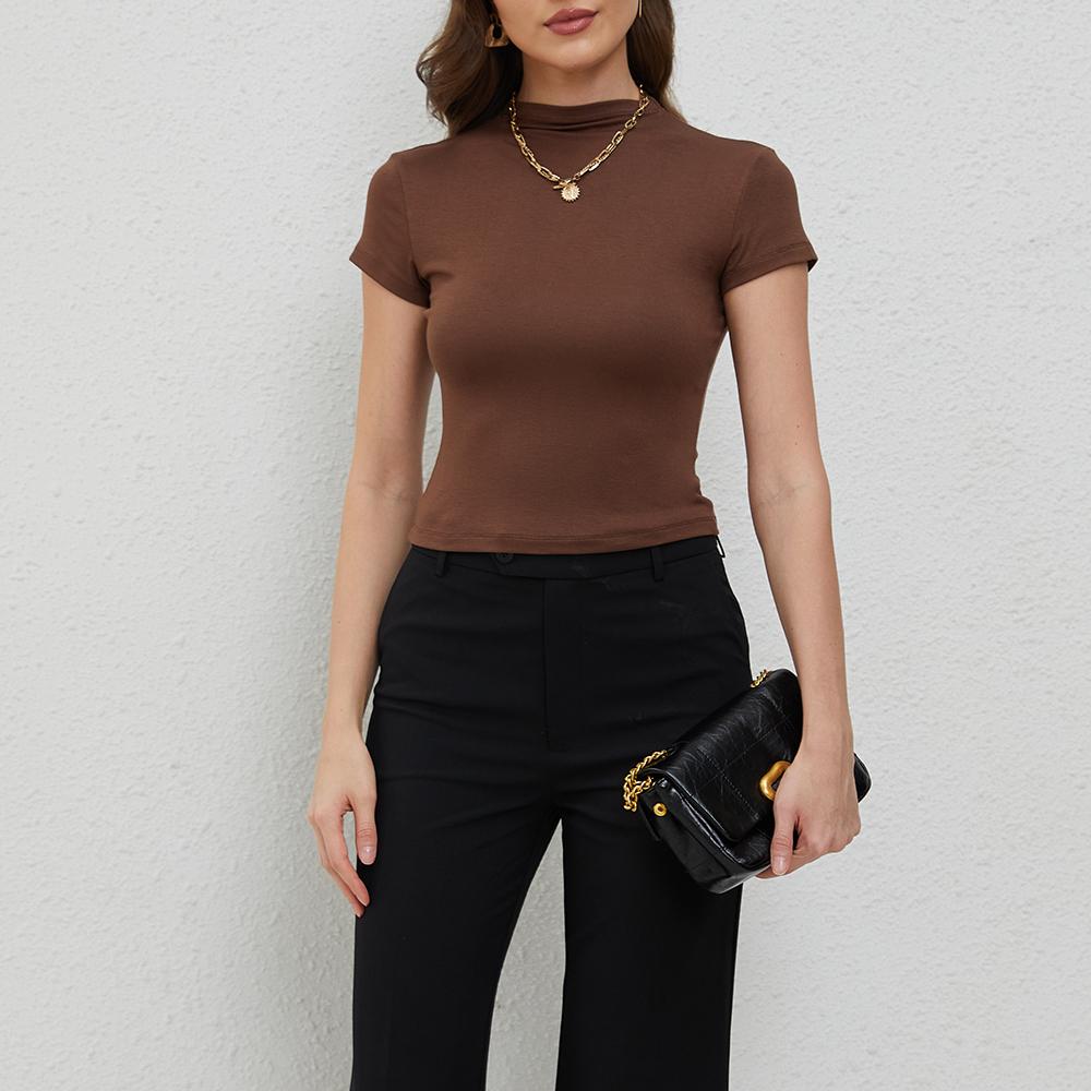 Aperlamiri Short Sleeve Modal T Shirt Mailard Brown Black Basic Crop Top