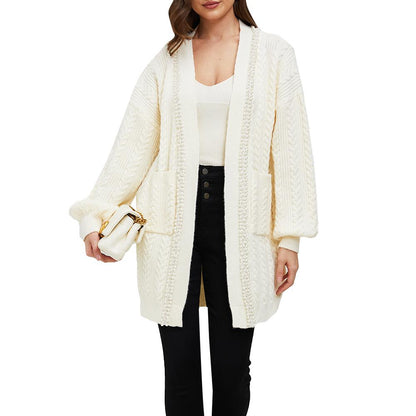 Aperlamiri Pearl Trimed Open Front Long Sleeve Light Weight Twisted Cable Knit Cardigan