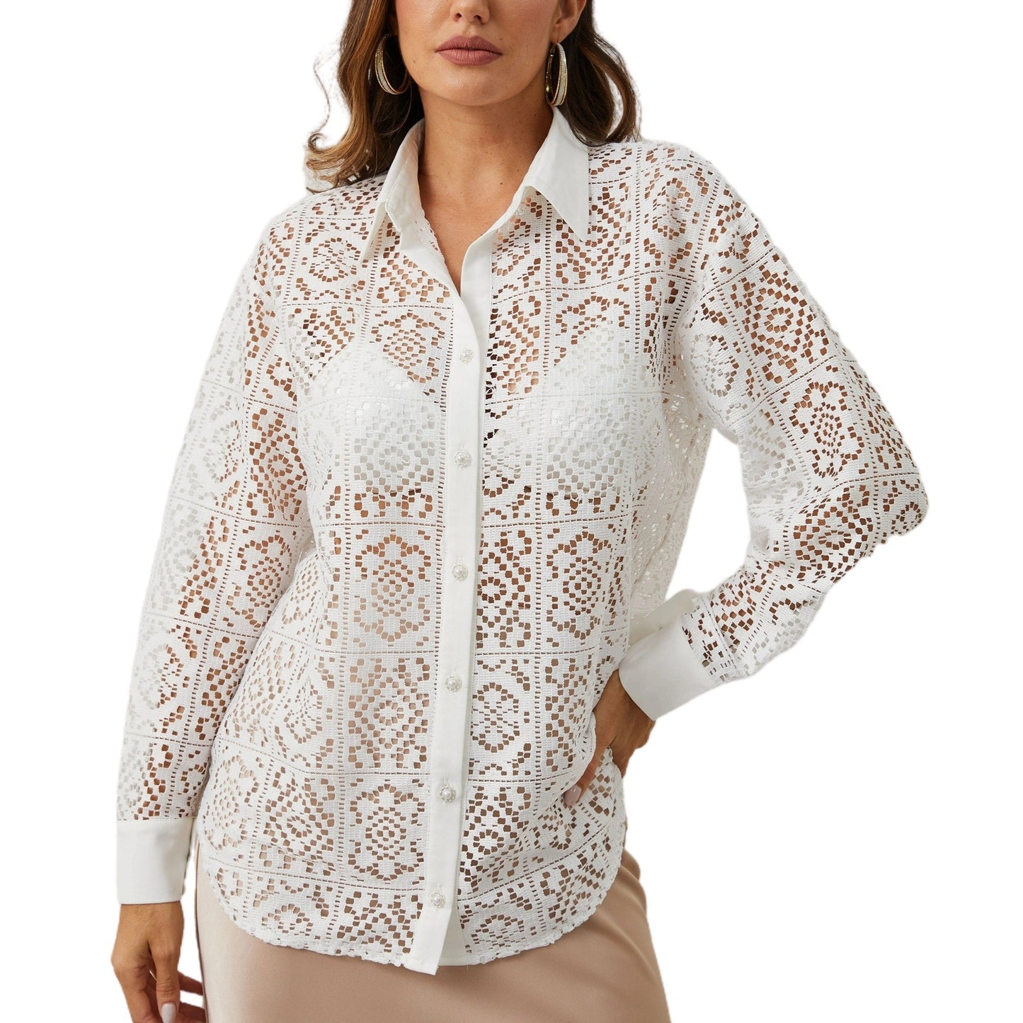 Aperlamiri  Lace Hollow-Out See-Through Mesh Long Sleeve Shirt For Women