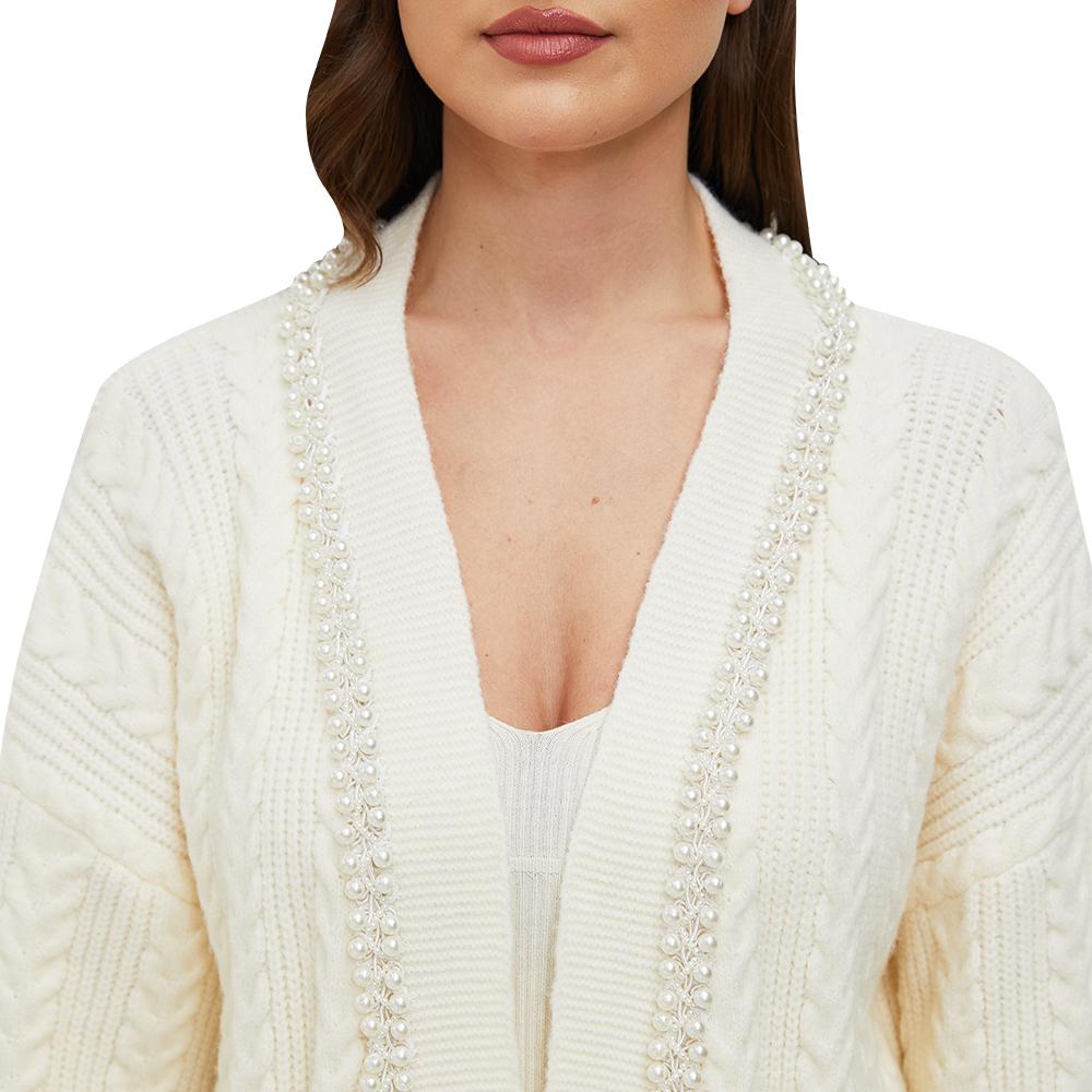 Aperlamiri Pearl Trimed Open Front Long Sleeve Light Weight Twisted Cable Knit Cardigan