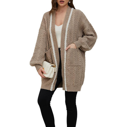 Aperlamiri Pearl Trimed Open Front Long Sleeve Light Weight Twisted Cable Knit Cardigan