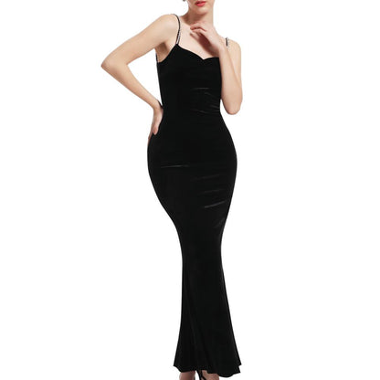 Aperlamiri Black Velvet Crystal Spaghetti Strap Thigh-High Slit Maxi Dress