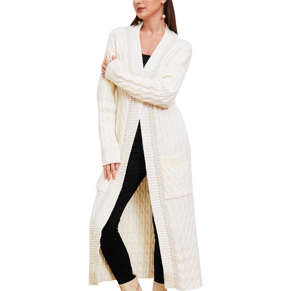 Aperlamiri Pearl Trimmed Casual Loose Fit Lounge Wear Long Maxi Knit Cardigan