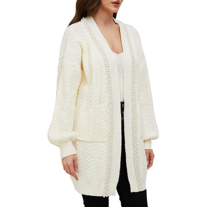 Aperlamiri Pearl Trimed Open Front Long Sleeve Light Weight Twisted Cable Knit Cardigan