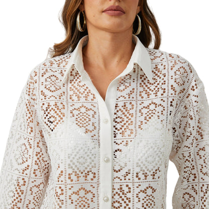 Aperlamiri  Lace Hollow-Out See-Through Mesh Long Sleeve Shirt For Women