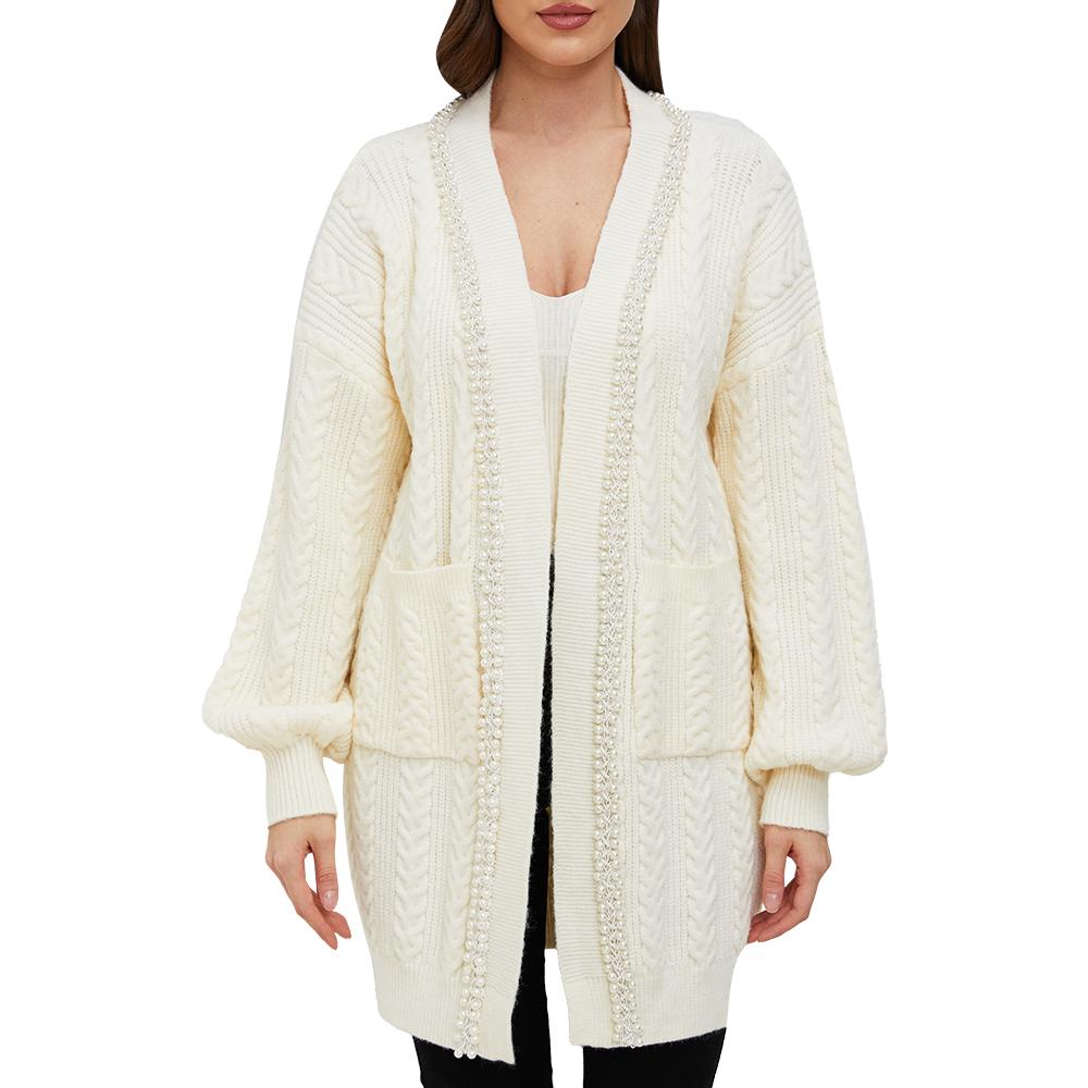 Aperlamiri Pearl Trimed Open Front Long Sleeve Light Weight Twisted Cable Knit Cardigan