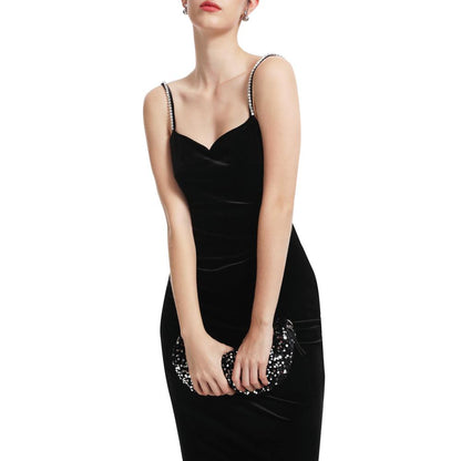 Aperlamiri Black Velvet Crystal Spaghetti Strap Thigh-High Slit Maxi Dress