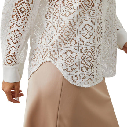 Aperlamiri  Lace Hollow-Out See-Through Mesh Long Sleeve Shirt For Women