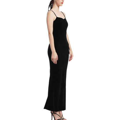 Aperlamiri Black Velvet Crystal Spaghetti Strap Thigh-High Slit Maxi Dress