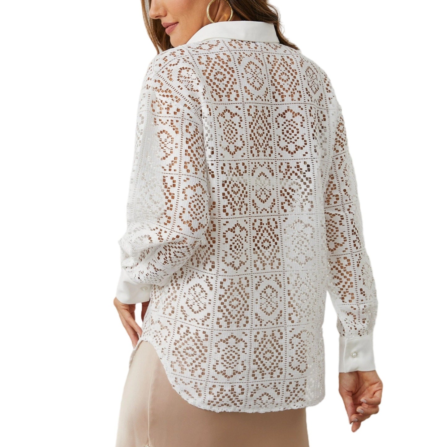 Aperlamiri  Lace Hollow-Out See-Through Mesh Long Sleeve Shirt For Women