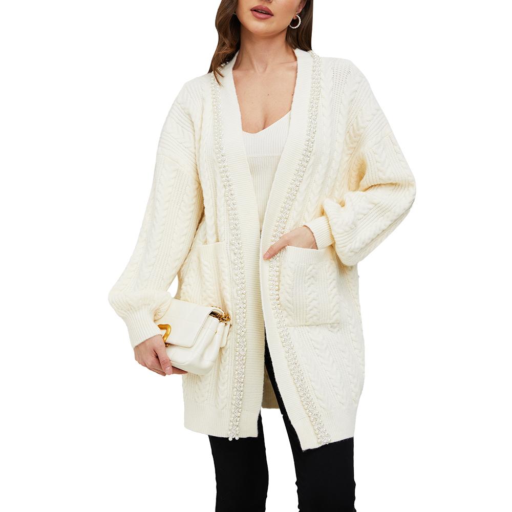 Aperlamiri Pearl Trimed Open Front Long Sleeve Light Weight Twisted Cable Knit Cardigan