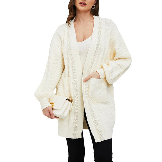 Aperlamiri Pearl Trimed Open Front Long Sleeve Light Weight Twisted Cable Knit Cardigan